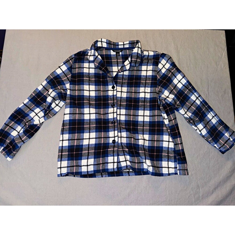 Ambrielle women’s  2XL Plaid Flannel Long Sleeve Button-Up Shirt Blue/White